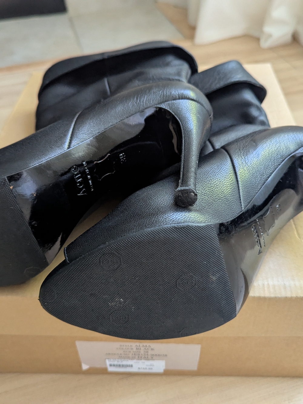 Acne Black Leather Peep-Toe Mid-Heel Ankle Boots - Picture 5 of 7
